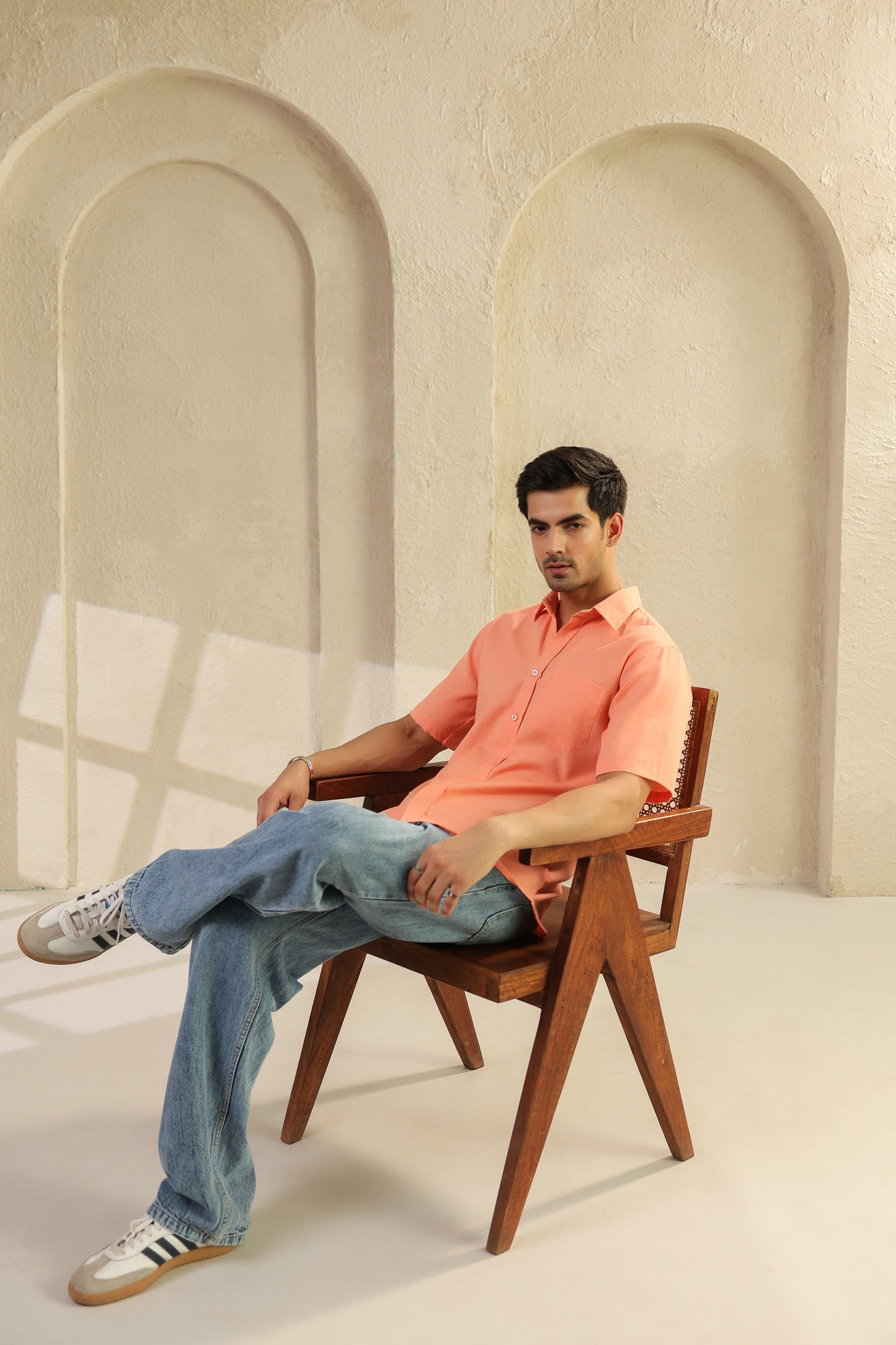 Peach Linen Blend Half Sleeve Shirt