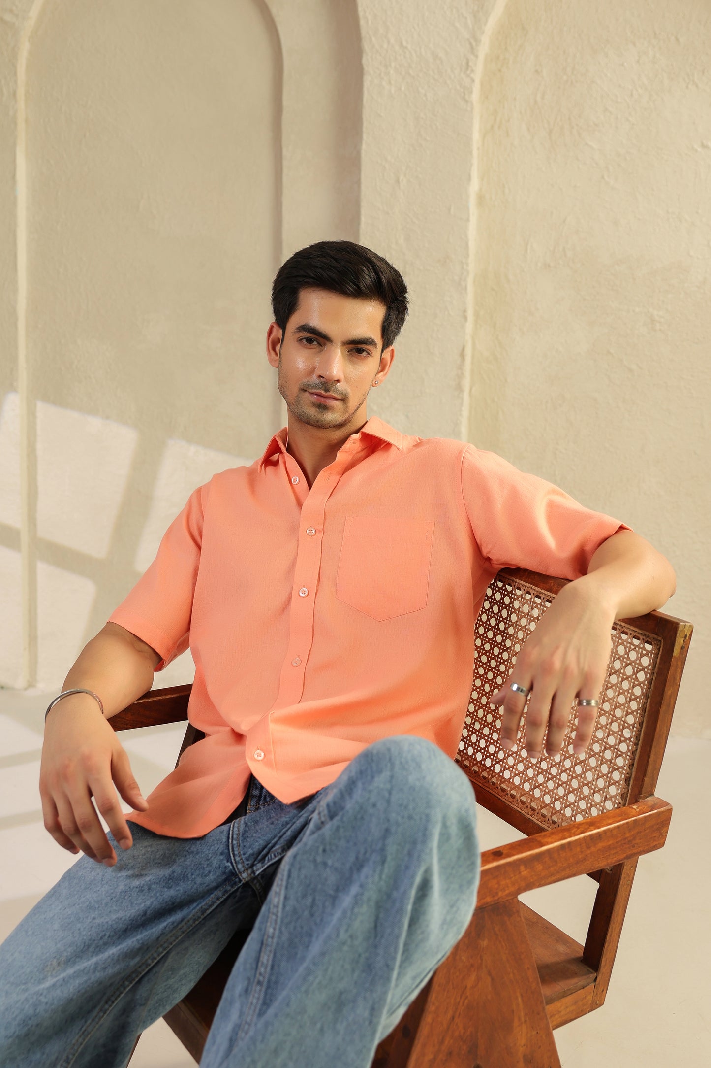 Peach Linen Blend Half Sleeve Shirt