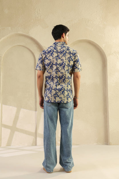 Blue Floral Cotton Half Sleeve Shirt