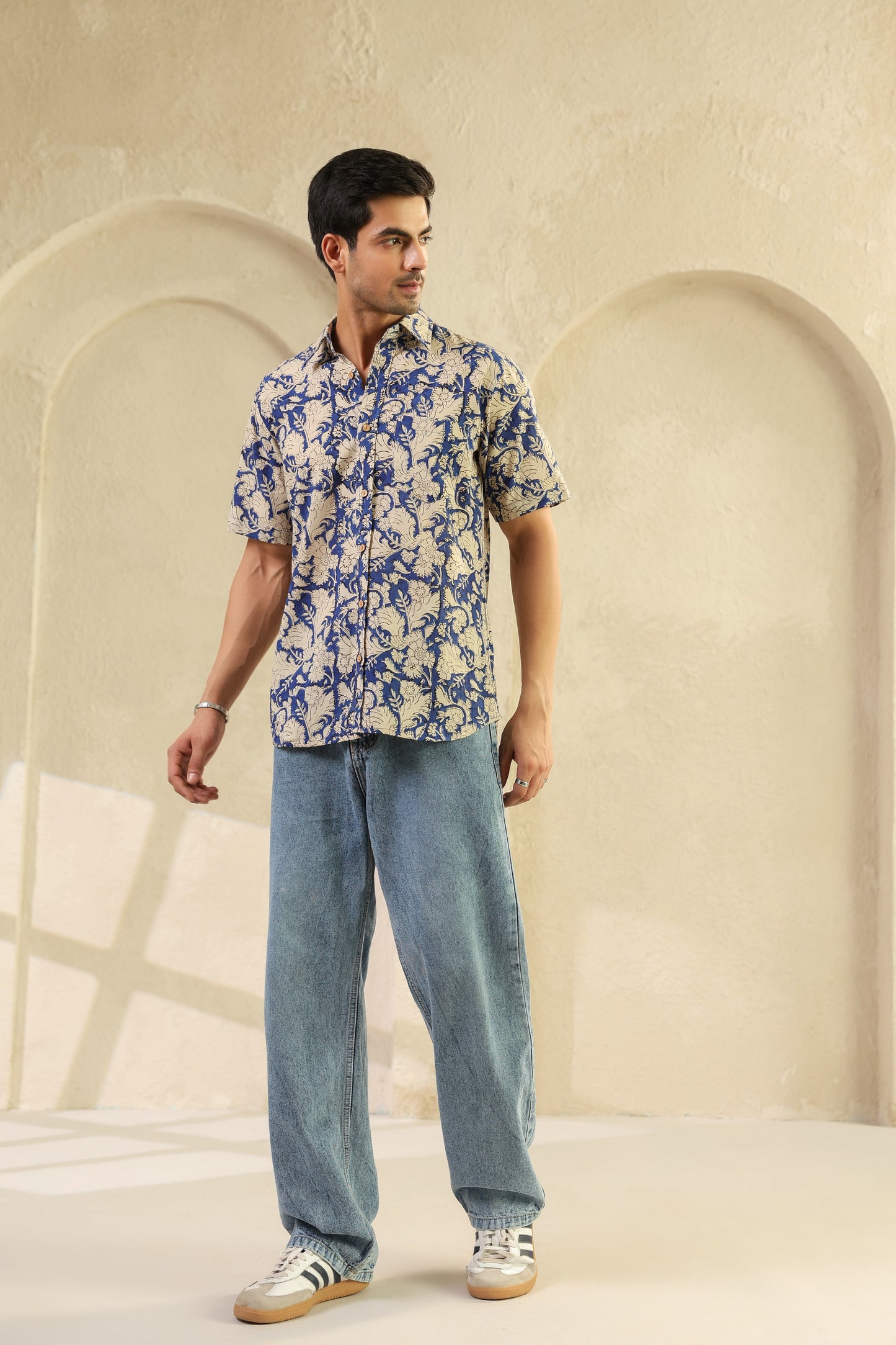 Blue Floral Cotton Half Sleeve Shirt