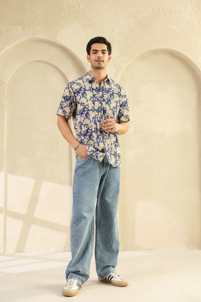 Blue Floral Cotton Half Sleeve Shirt