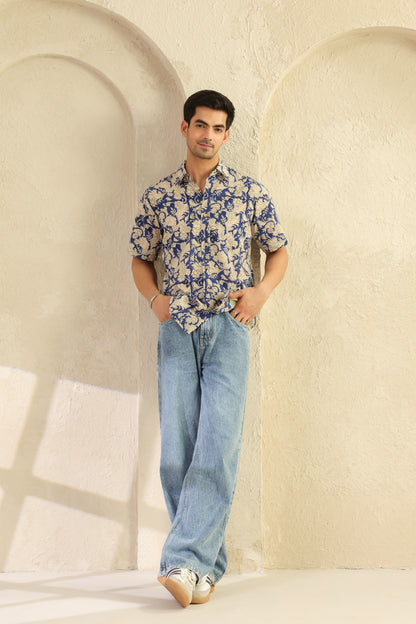 Blue Floral Cotton Half Sleeve Shirt