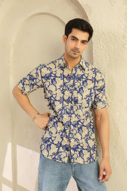 Blue Floral Cotton Half Sleeve Shirt