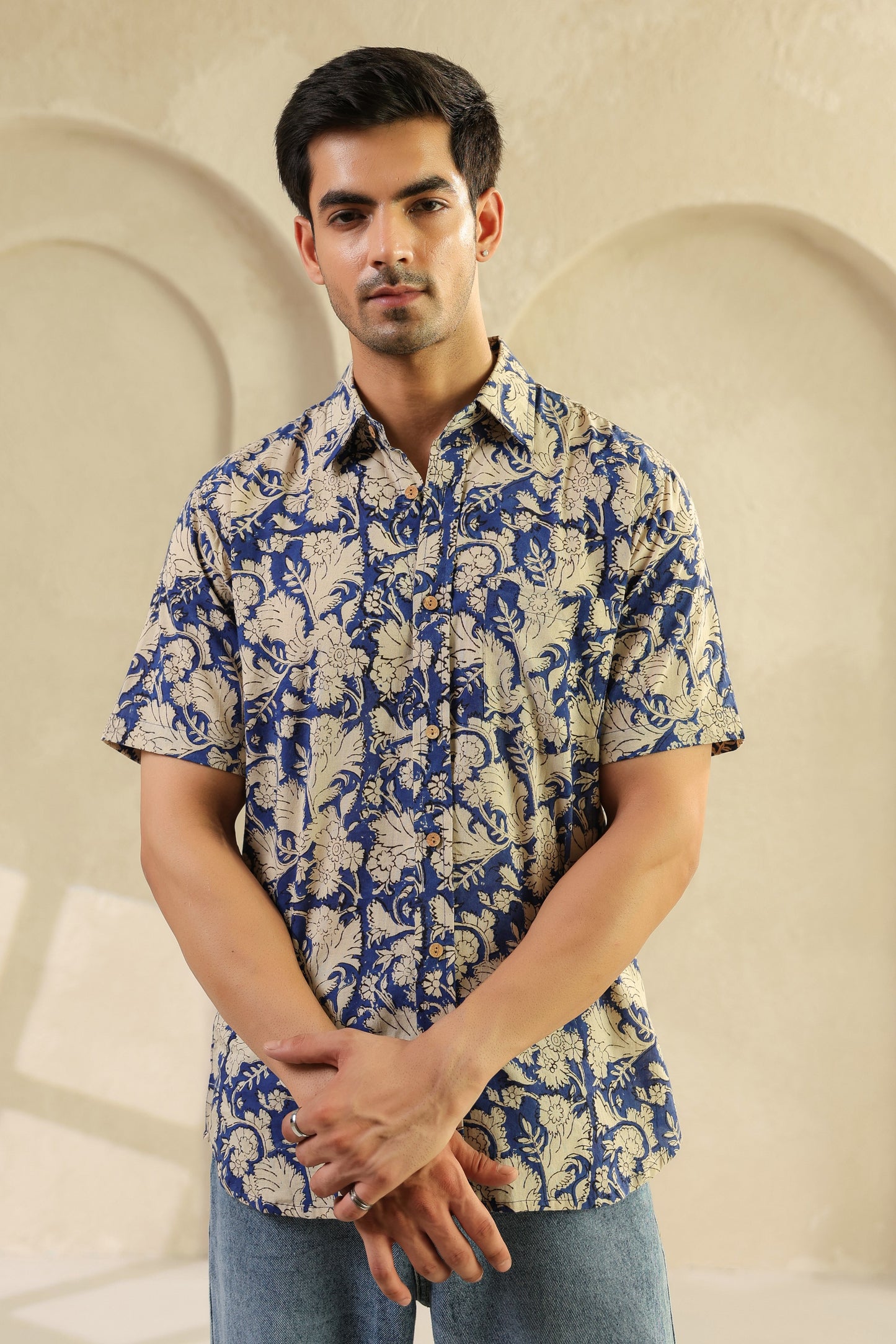 Blue Floral Cotton Half Sleeve Shirt
