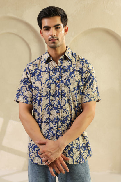 Blue Floral Cotton Half Sleeve Shirt