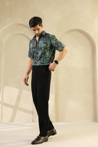 Black Blue Half Sleeve Cotton Shirt