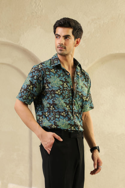 Black Blue Half Sleeve Cotton Shirt