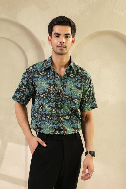 Black Blue Half Sleeve Cotton Shirt