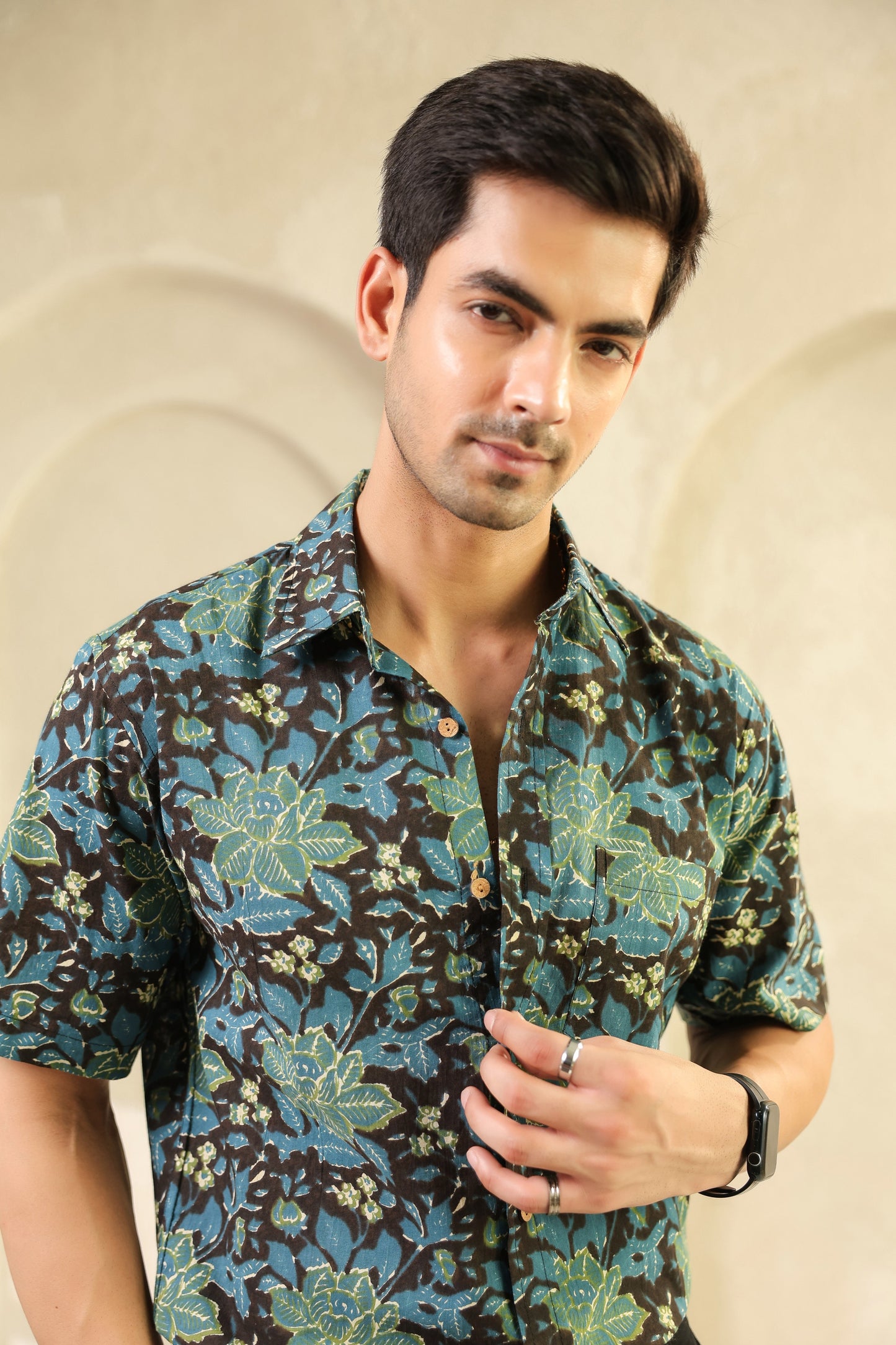 Black Blue Half Sleeve Cotton Shirt