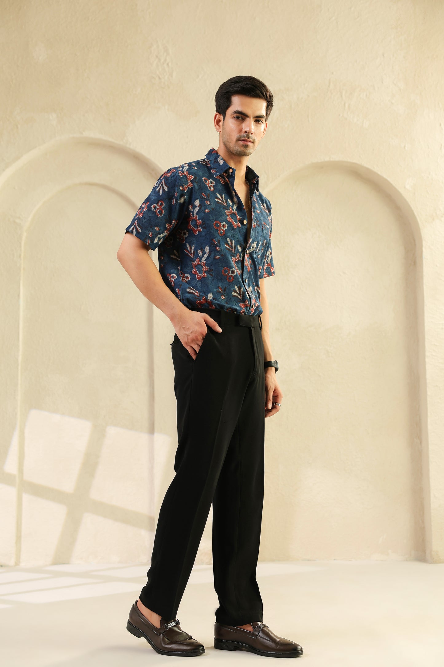 Indigo Floral Cotton Half Sleeve Shirt