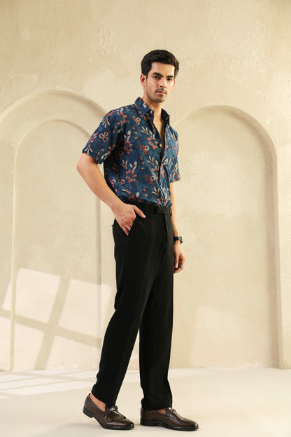 Indigo Floral Cotton Half Sleeve Shirt