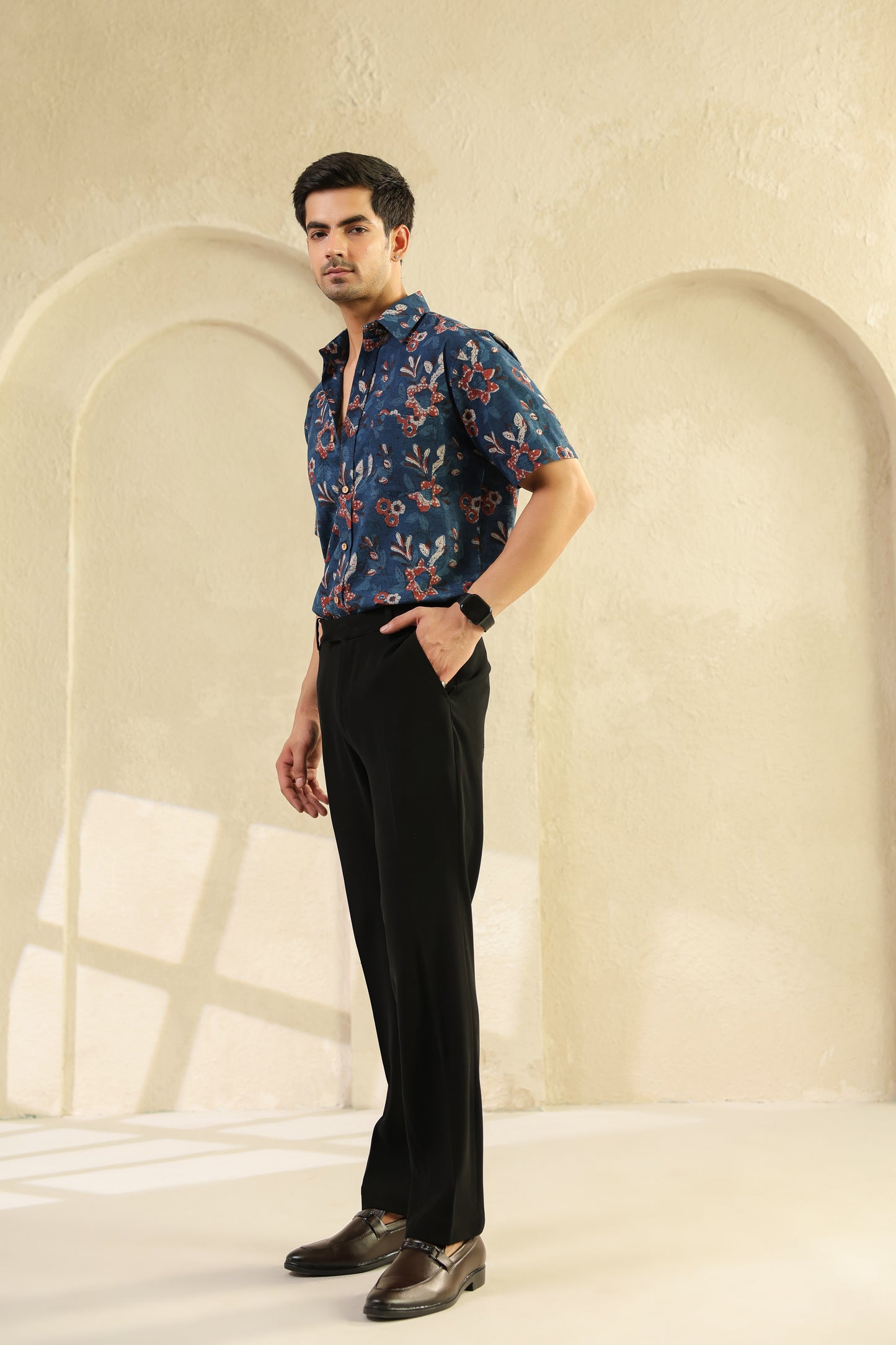 Indigo Floral Cotton Half Sleeve Shirt