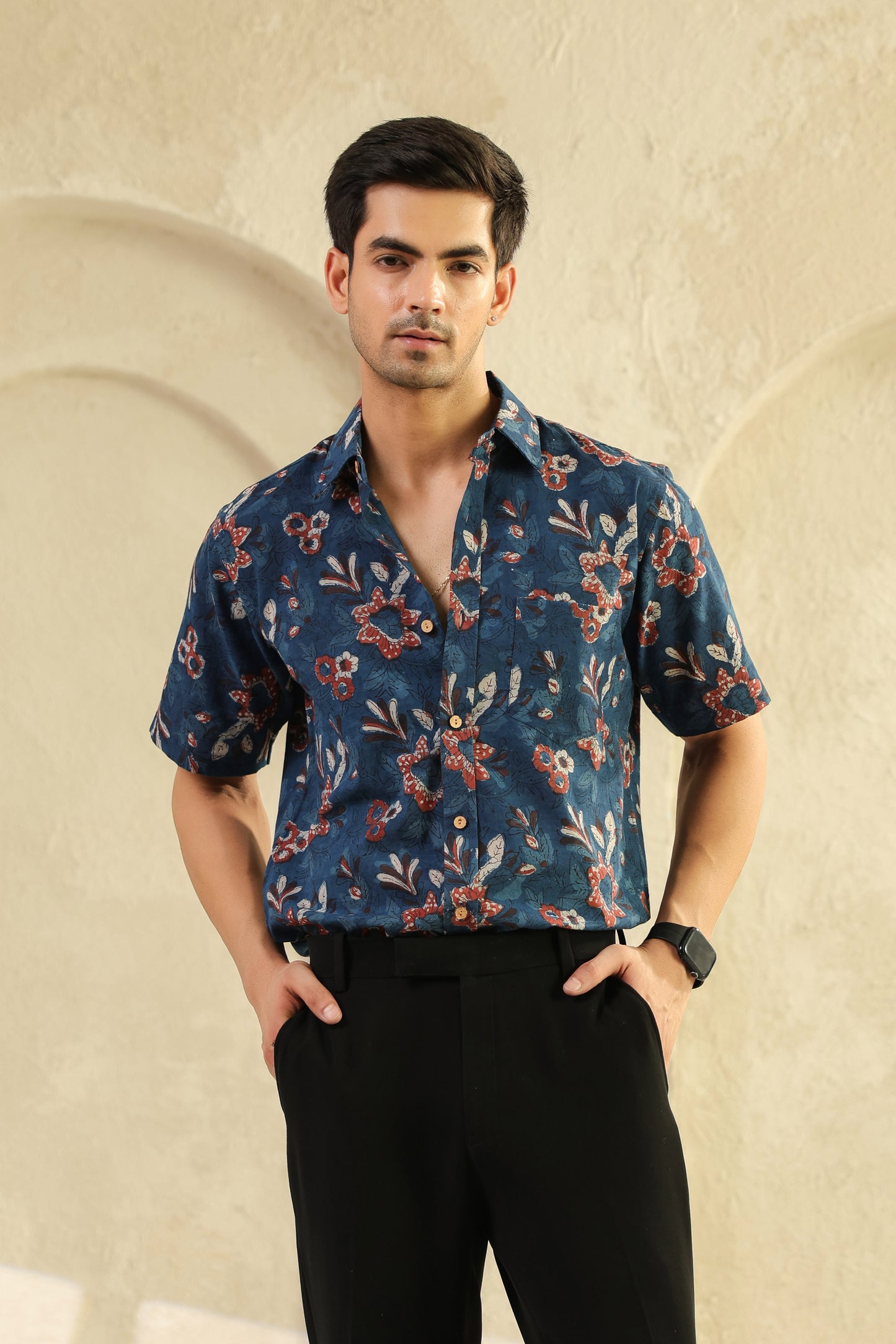 Indigo Floral Cotton Half Sleeve Shirt