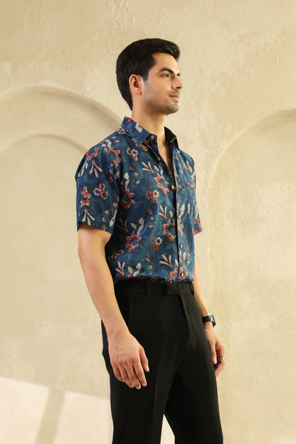 Indigo Floral Cotton Half Sleeve Shirt