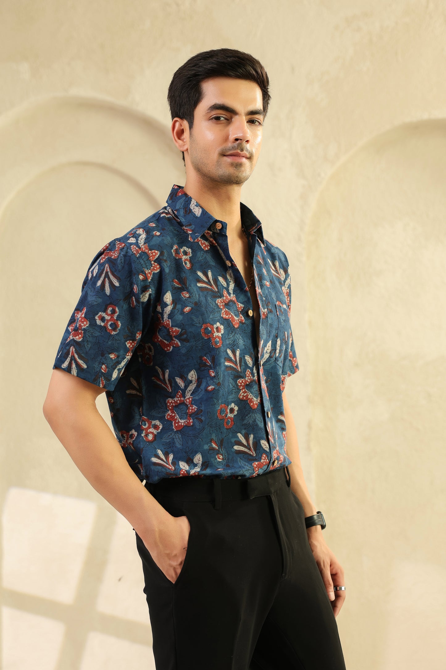 Indigo Floral Cotton Half Sleeve Shirt