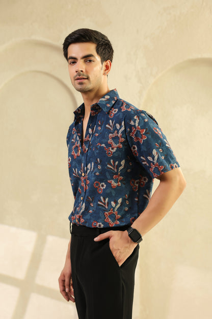Indigo Floral Cotton Half Sleeve Shirt