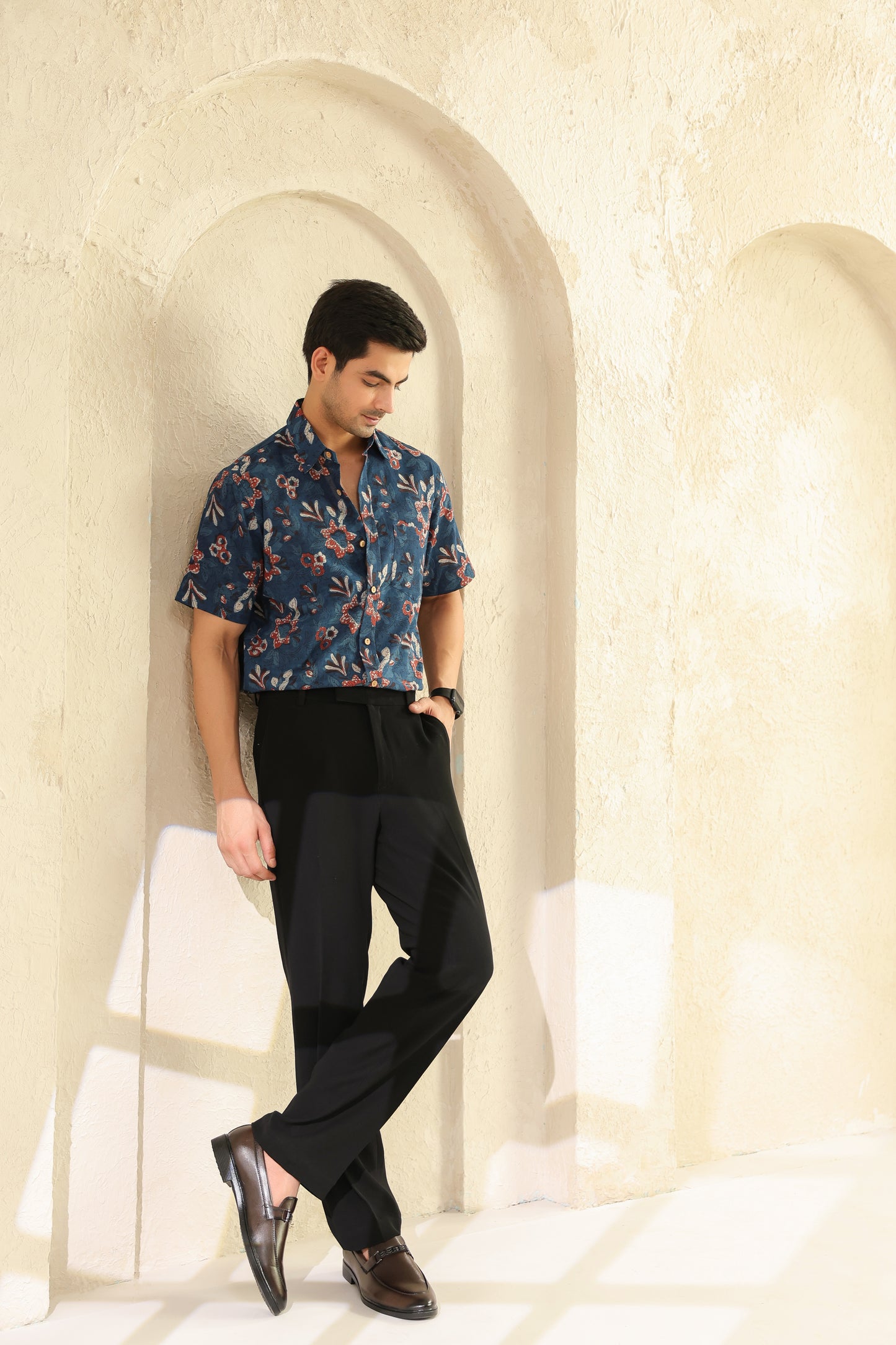 Indigo Floral Cotton Half Sleeve Shirt