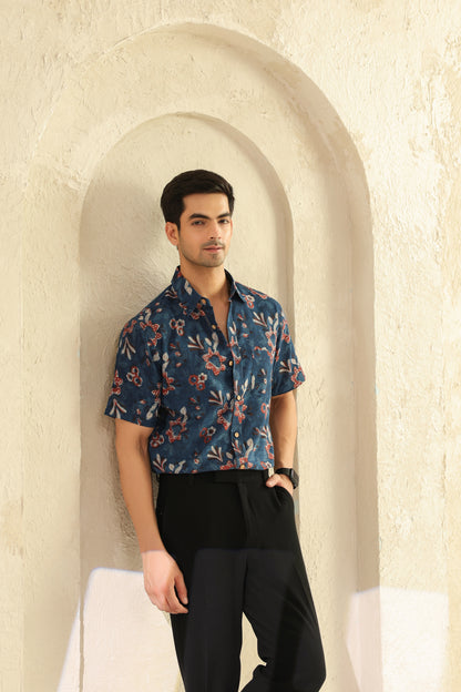 Indigo Floral Cotton Half Sleeve Shirt