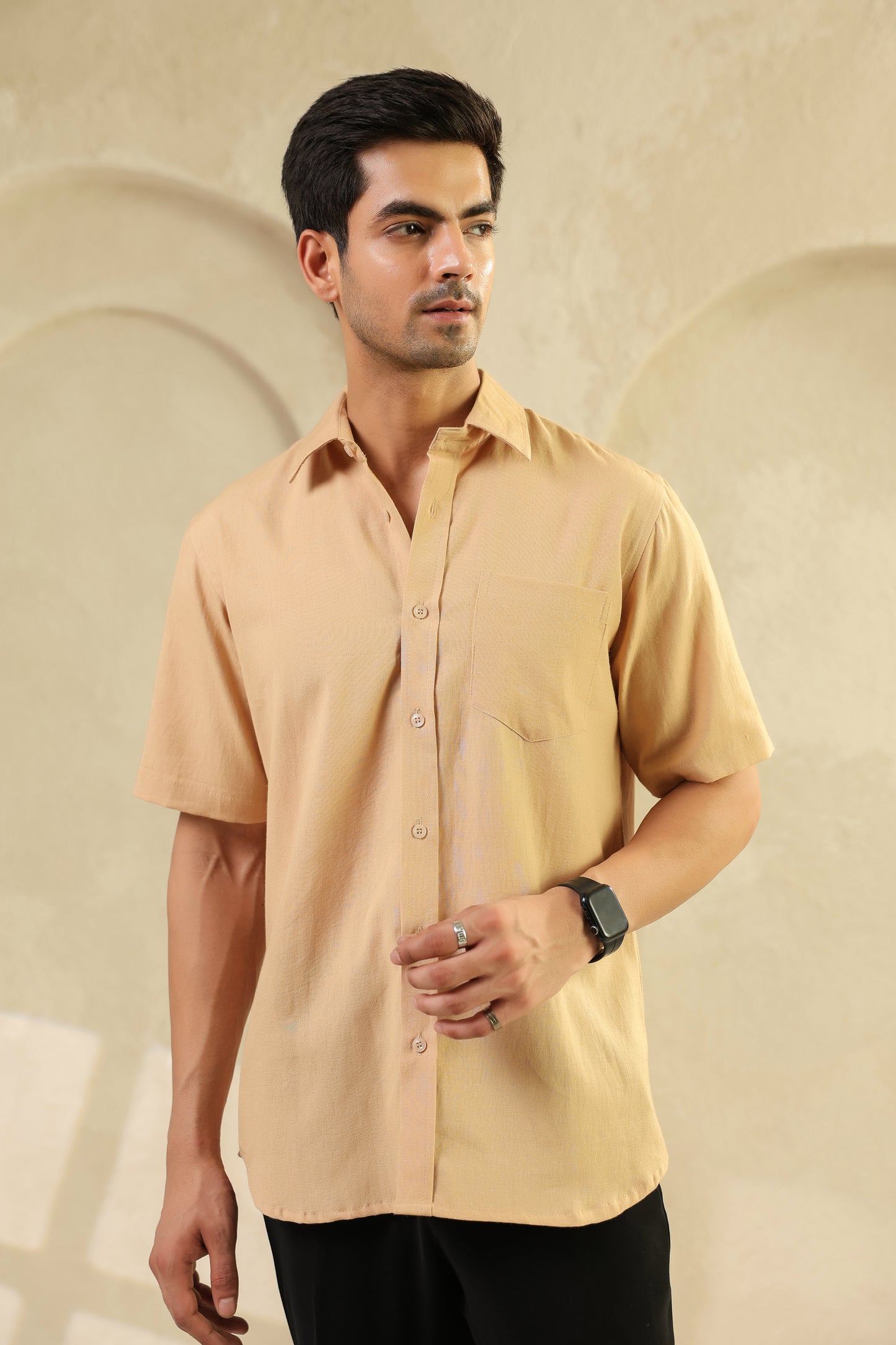 Beige Linen Blend Half sleeve shirt