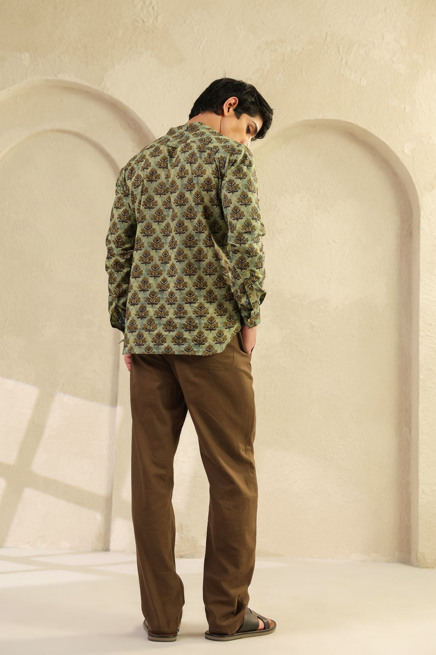 Olive Printed Cotton Kurta Shirt