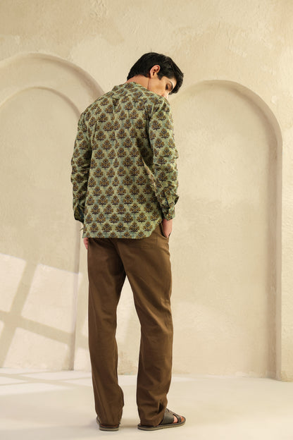 Olive Printed Cotton Kurta Shirt