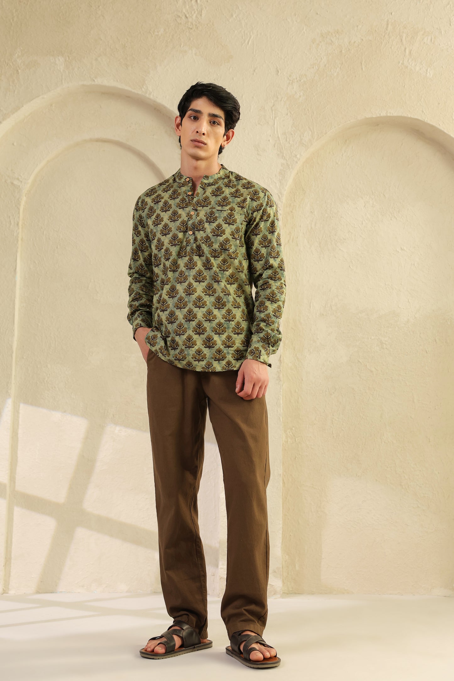 Olive Printed Cotton Kurta Shirt