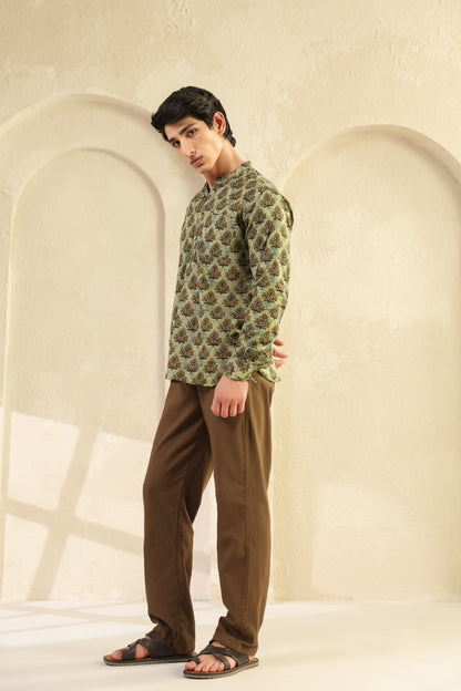 Olive Printed Cotton Kurta Shirt