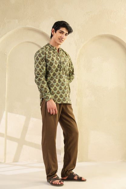 Olive Printed Cotton Kurta Shirt