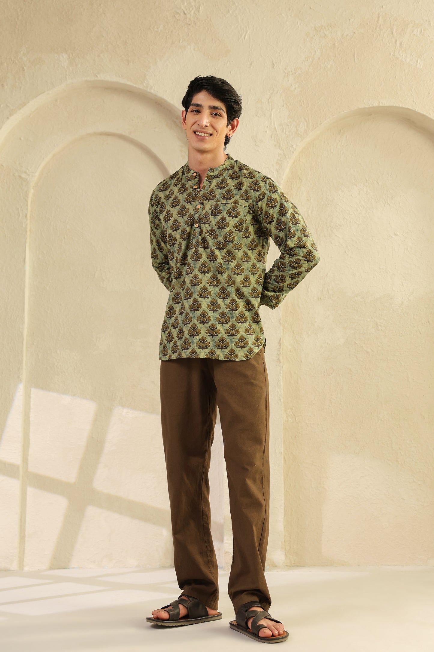 Olive Printed Cotton Kurta Shirt