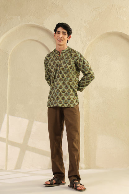Olive Printed Cotton Kurta Shirt