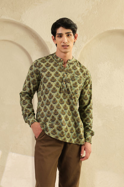 Olive Printed Cotton Kurta Shirt