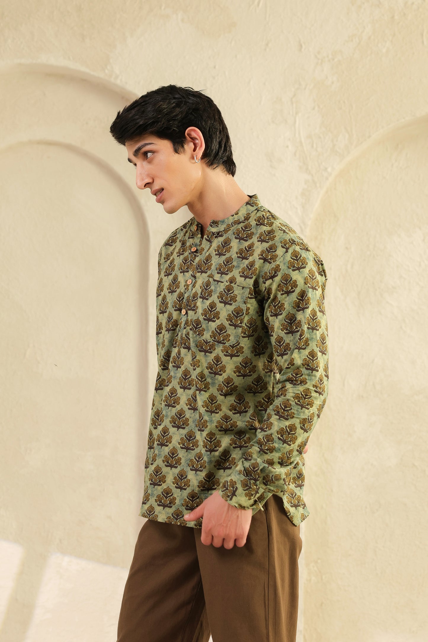 Olive Printed Cotton Kurta Shirt