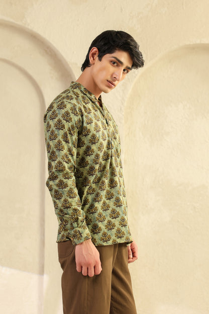 Olive Printed Cotton Kurta Shirt