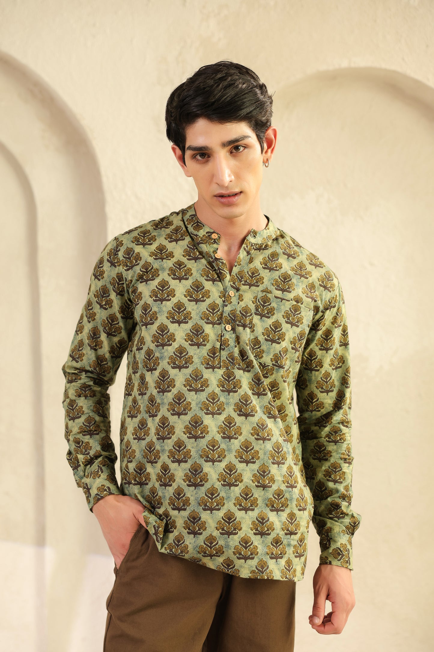 Olive Printed Cotton Kurta Shirt