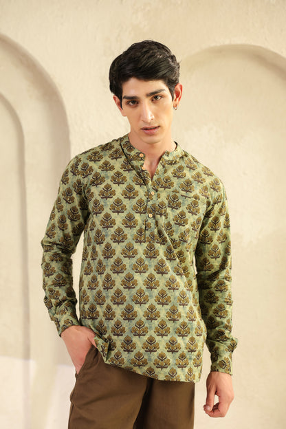 Olive Printed Cotton Kurta Shirt
