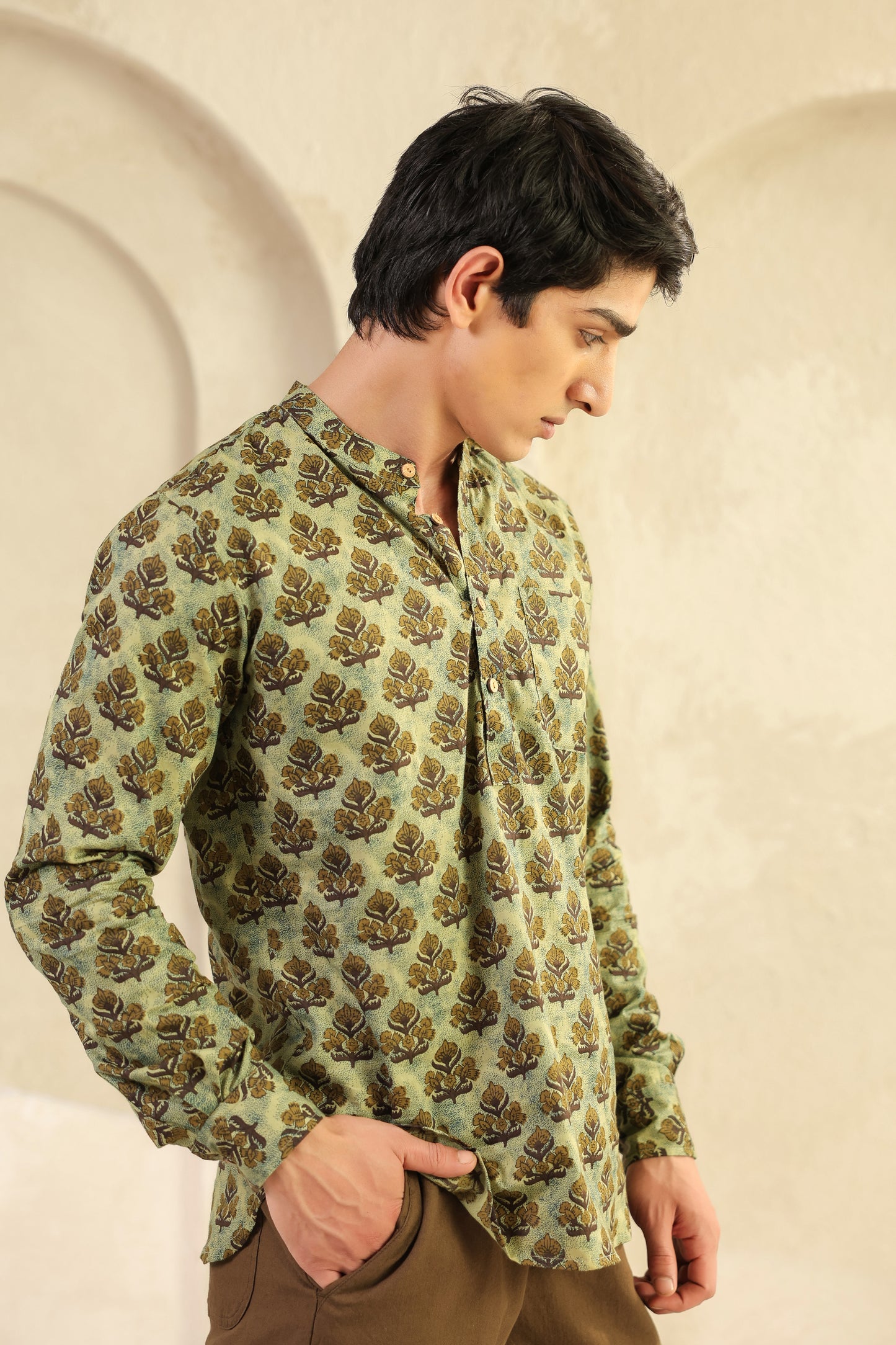 Olive Printed Cotton Kurta Shirt