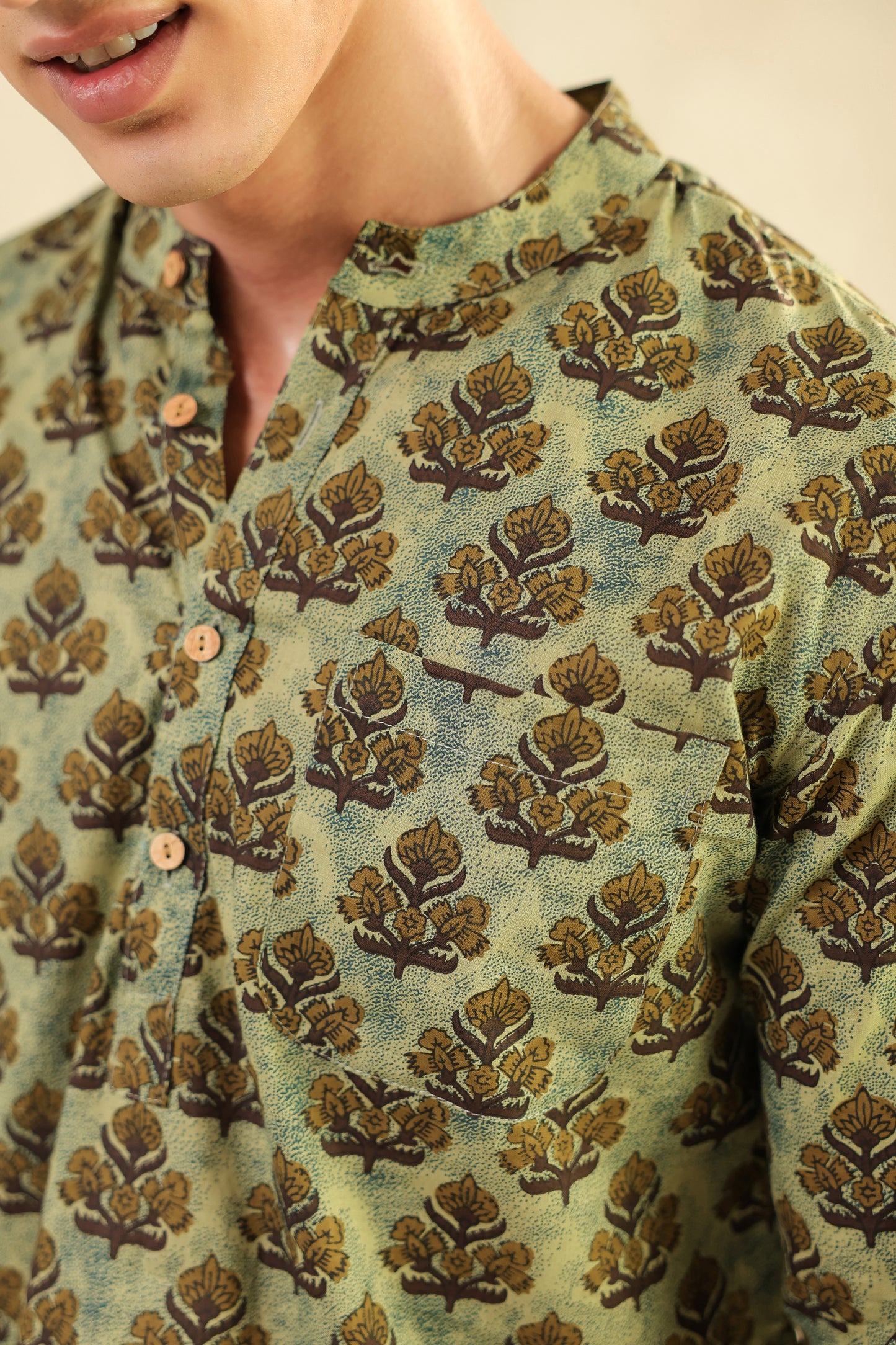 Olive Printed Cotton Kurta Shirt