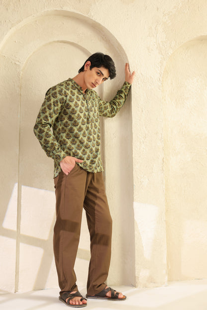 Olive Printed Cotton Kurta Shirt