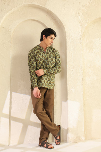 Olive Printed Cotton Kurta Shirt