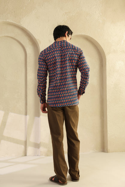 Blue Printed Cotton Shirt Kurta