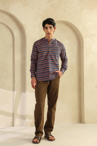 Blue Printed Cotton Shirt Kurta