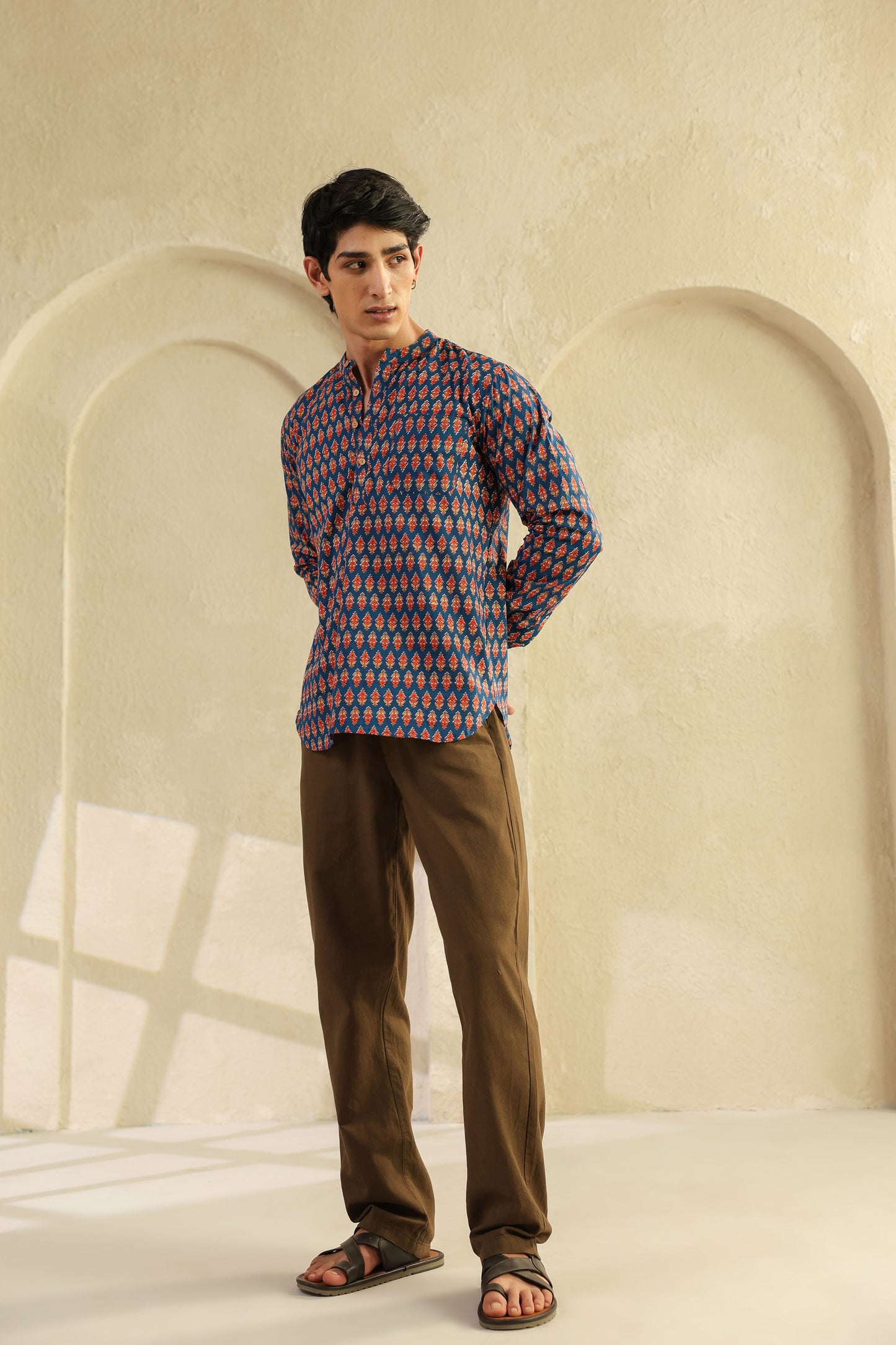 Blue Printed Cotton Shirt Kurta