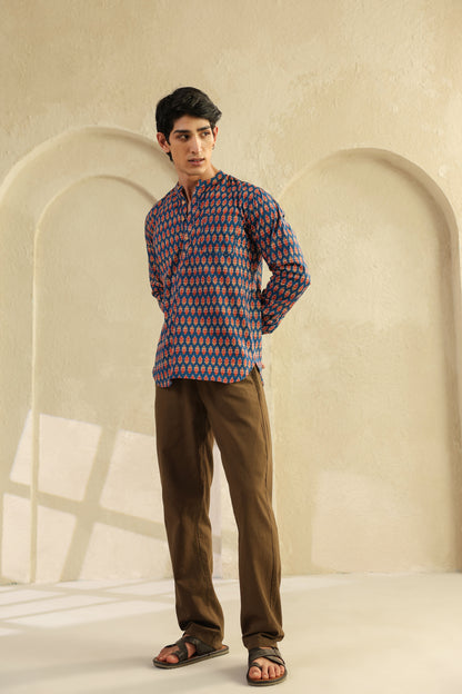 Blue Printed Cotton Shirt Kurta