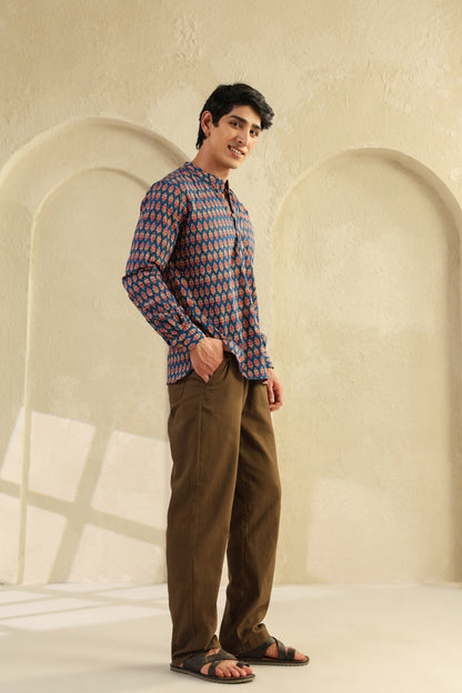 Blue Printed Cotton Shirt Kurta