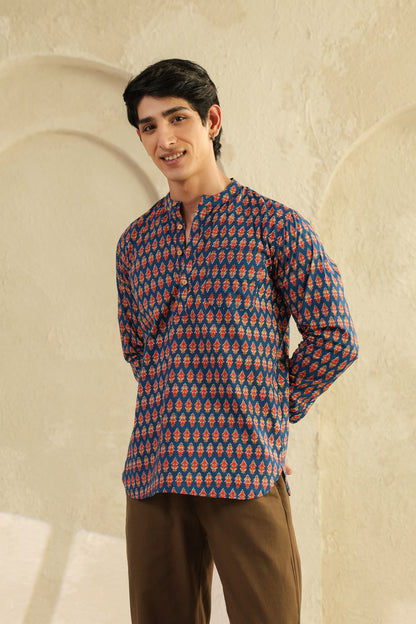 Blue Printed Cotton Shirt Kurta