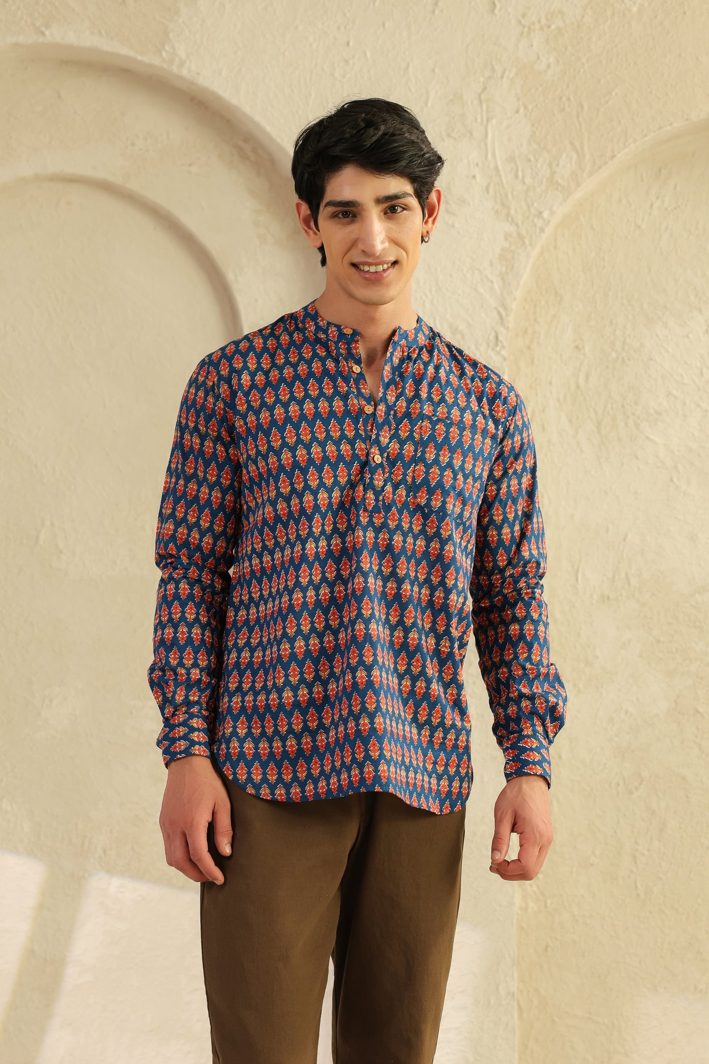 Blue Printed Cotton Shirt Kurta