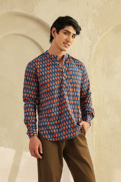 Blue Printed Cotton Shirt Kurta