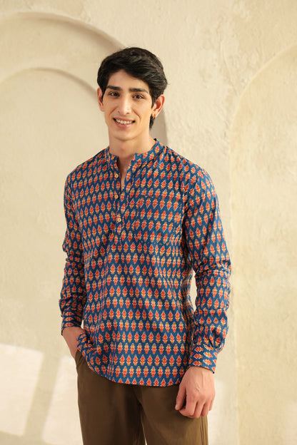 Blue Printed Cotton Shirt Kurta