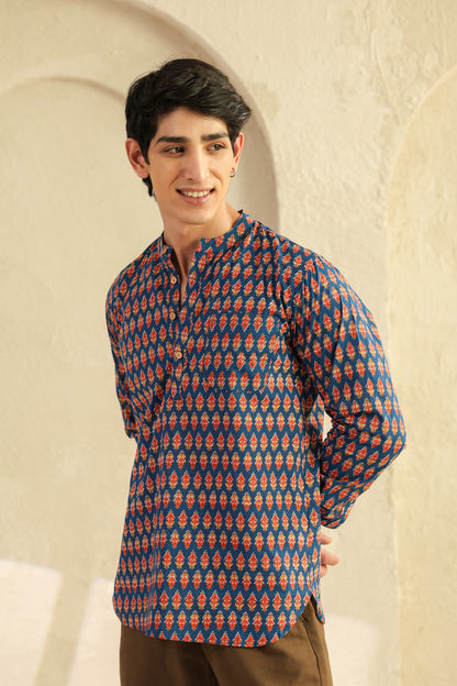 Blue Printed Cotton Shirt Kurta