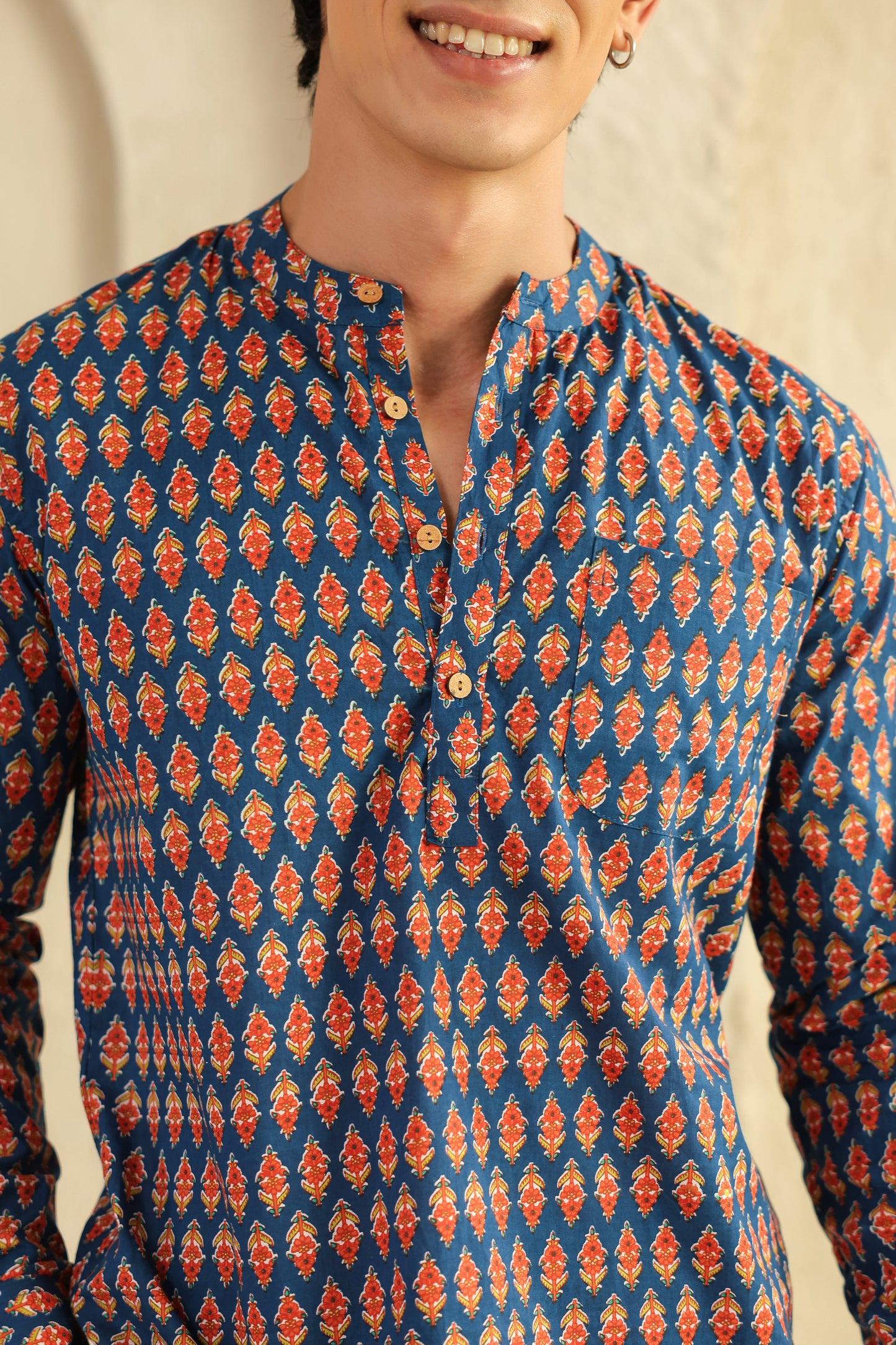 Blue Printed Cotton Shirt Kurta